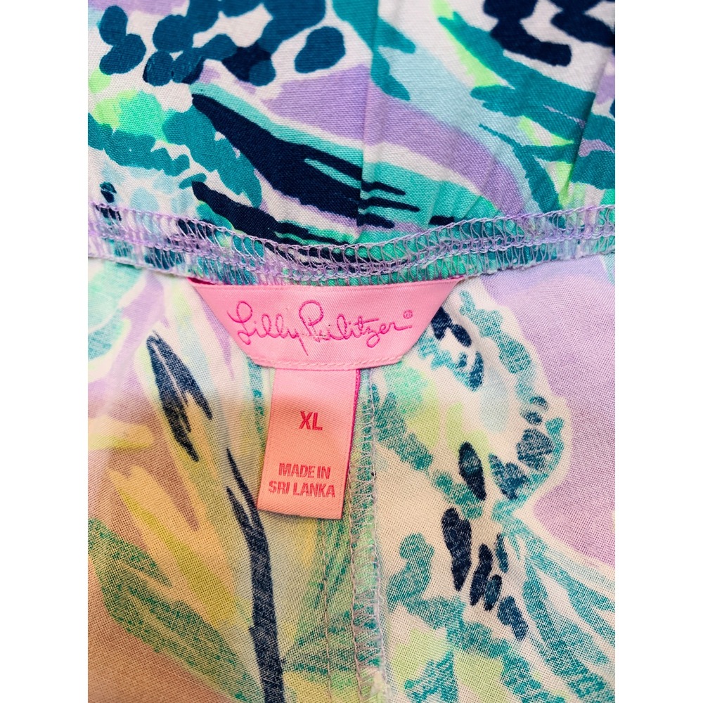Lilly Pulitzer Wide Leg Pants Women XL Purple Teal Tropical Floral Resort Beach - Picture 2 of 10